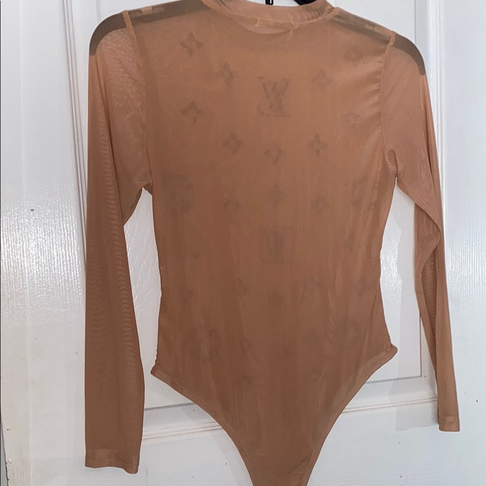 Tan Long Sleeve Mesh Bodysuit with Logo Pattern - Picture 2 of 2